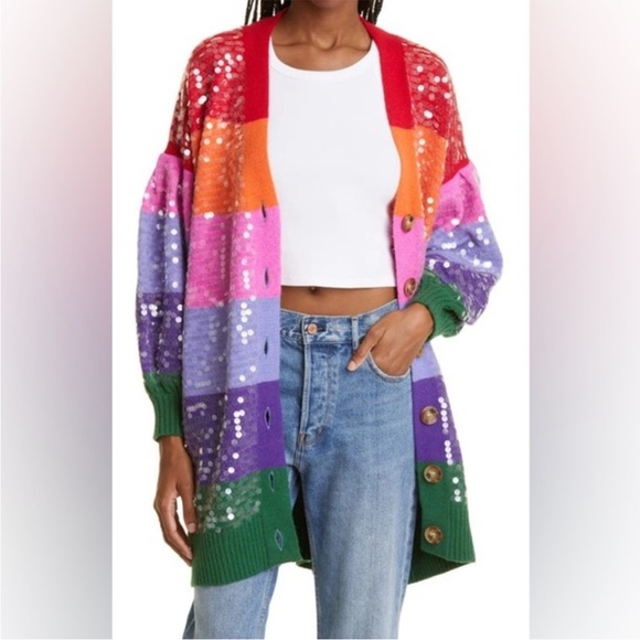 FARM Rio Sweaters - FARM RIO Rainbow Stripes Sequin Multicolor Colorful Cardigan -Size Small